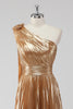 Load image into Gallery viewer, Metallic Golden One Shoulder A Line Pleated Long Formal Dress