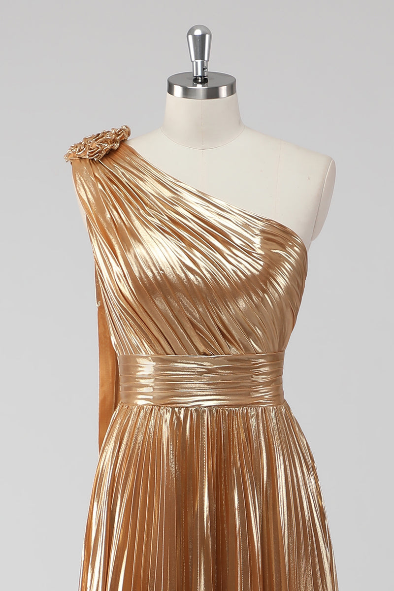 Load image into Gallery viewer, Metallic Golden One Shoulder A Line Pleated Long Formal Dress