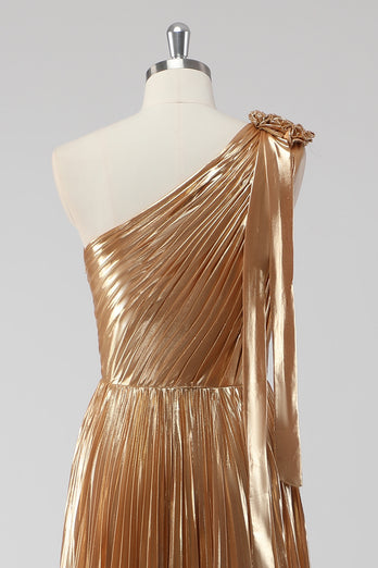 Metallic Golden One Shoulder A Line Pleated Long Formal Dress