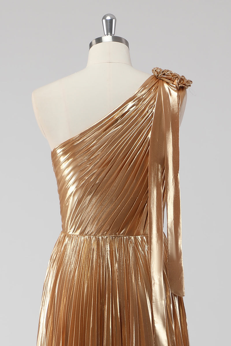 Load image into Gallery viewer, Metallic Golden One Shoulder A Line Pleated Long Formal Dress