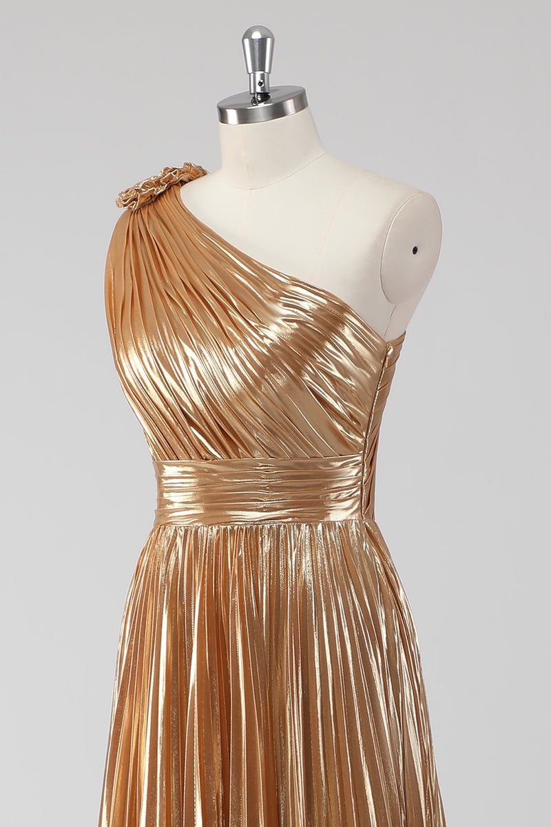 Load image into Gallery viewer, Metallic Golden One Shoulder A Line Pleated Long Formal Dress