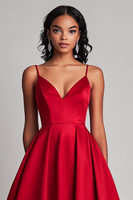 Load image into Gallery viewer, Red Spaghetti Straps Asymmetrical Tea Length Long Formal Dress