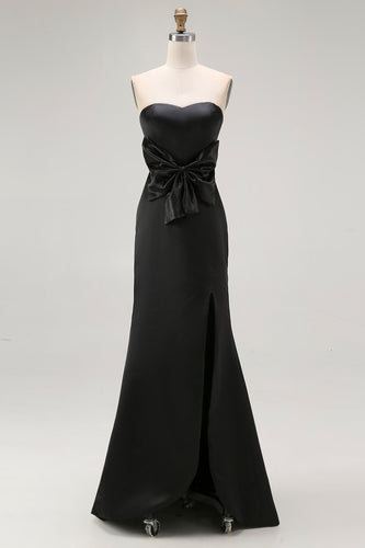 Black Sheath Satin Sweetheart Long Formal Dress with Slit