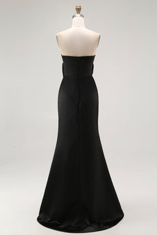Black Sheath Satin Sweetheart Long Formal Dress with Slit