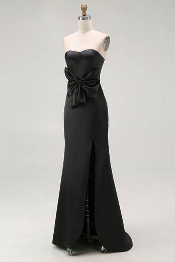 Black Sheath Satin Sweetheart Long Formal Dress with Slit