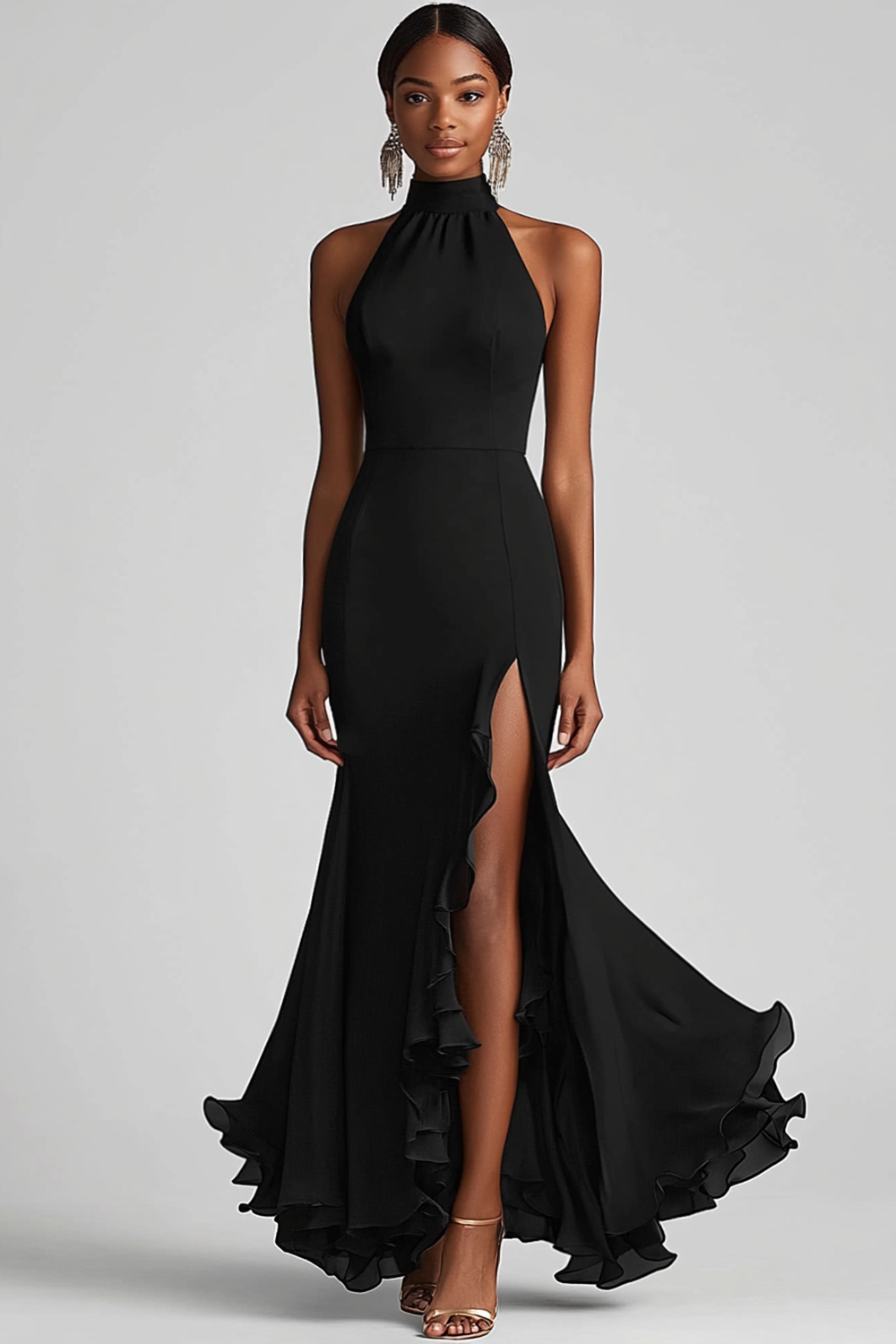 Queendancer Women Elegant Black Formal Dress with Slit Sheath High Neck Ruffled Black Tie Dress queendancer Queendancer Women Elegant Black Formal Dress with Slit Sheath High Neck Ruffled Black Tie Dress queendancer
