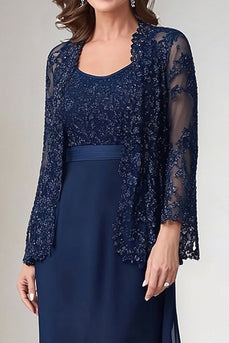 Sparkly Navy Chiffon Mother of the Bride Dress with Sequined Jaceket