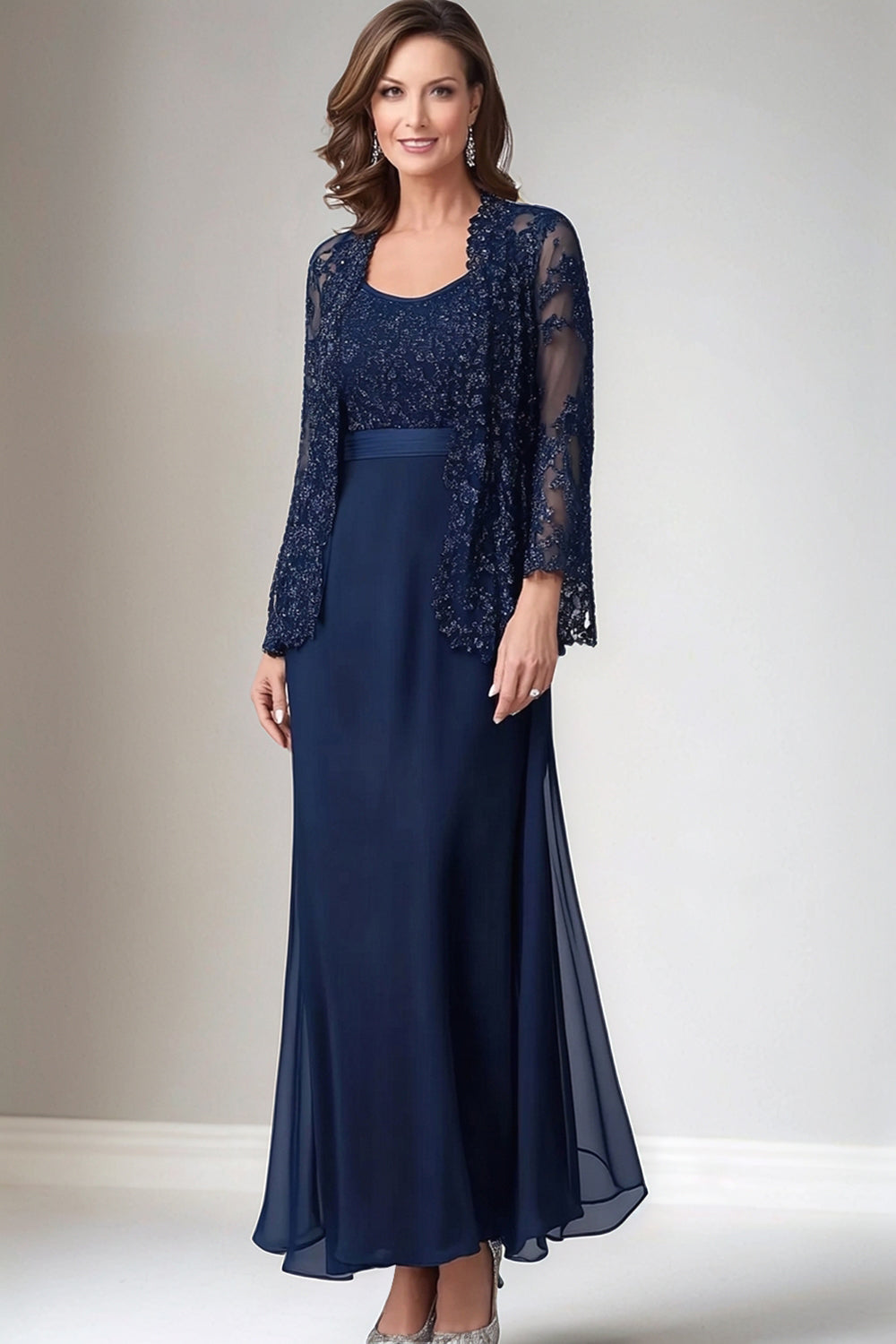 Sparkly Navy Chiffon Mother of the Bride Dress with Sequined Jaceket