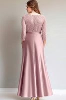 Load image into Gallery viewer, Pink Floral Boat Neck 3/4 Sleeves Mother of the Bride Dress with Lace