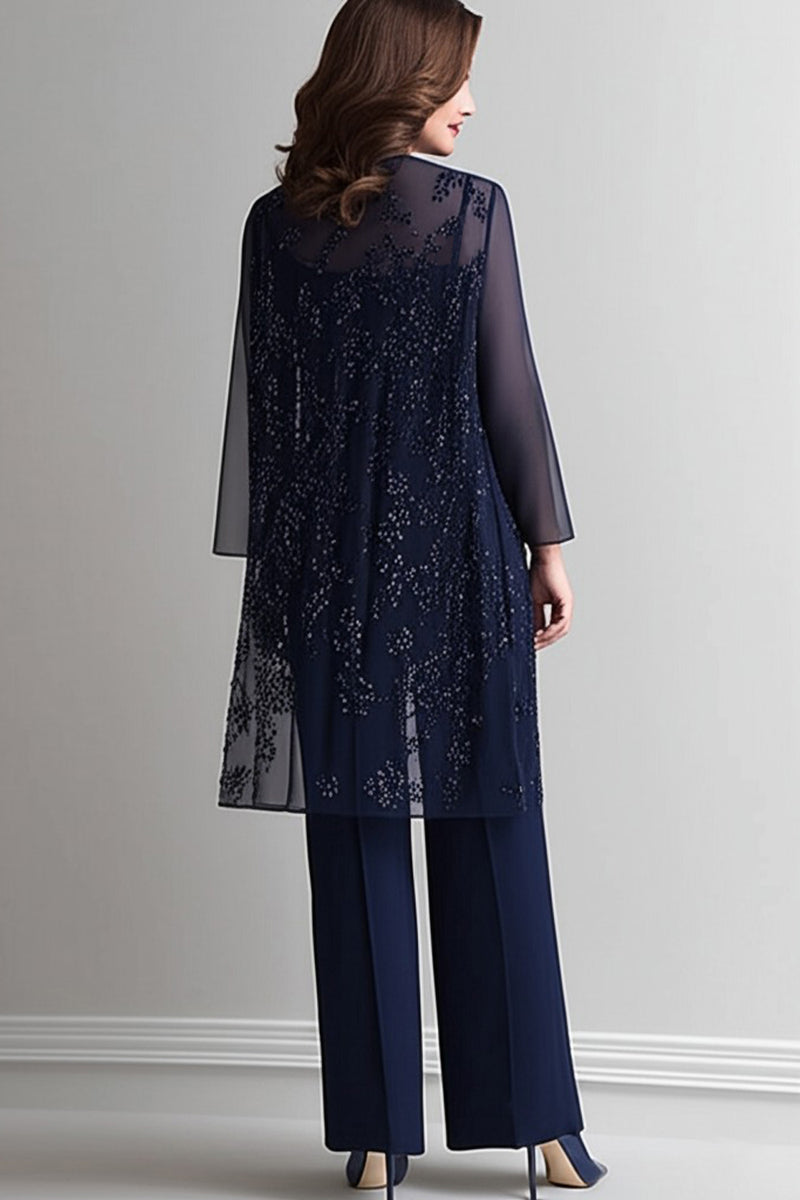 Load image into Gallery viewer, Sparkly Navy Chiffon Jumpsuit with Sequined Jacket