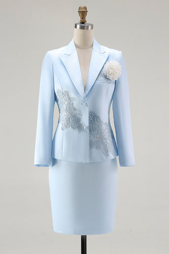 Elegant Floral Blue Satin Peak Lapel Midi Mother of the Bride Dress