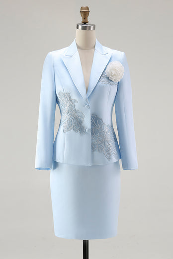Elegant Floral Blue Satin Peak Lapel Midi Mother of the Bride Dress