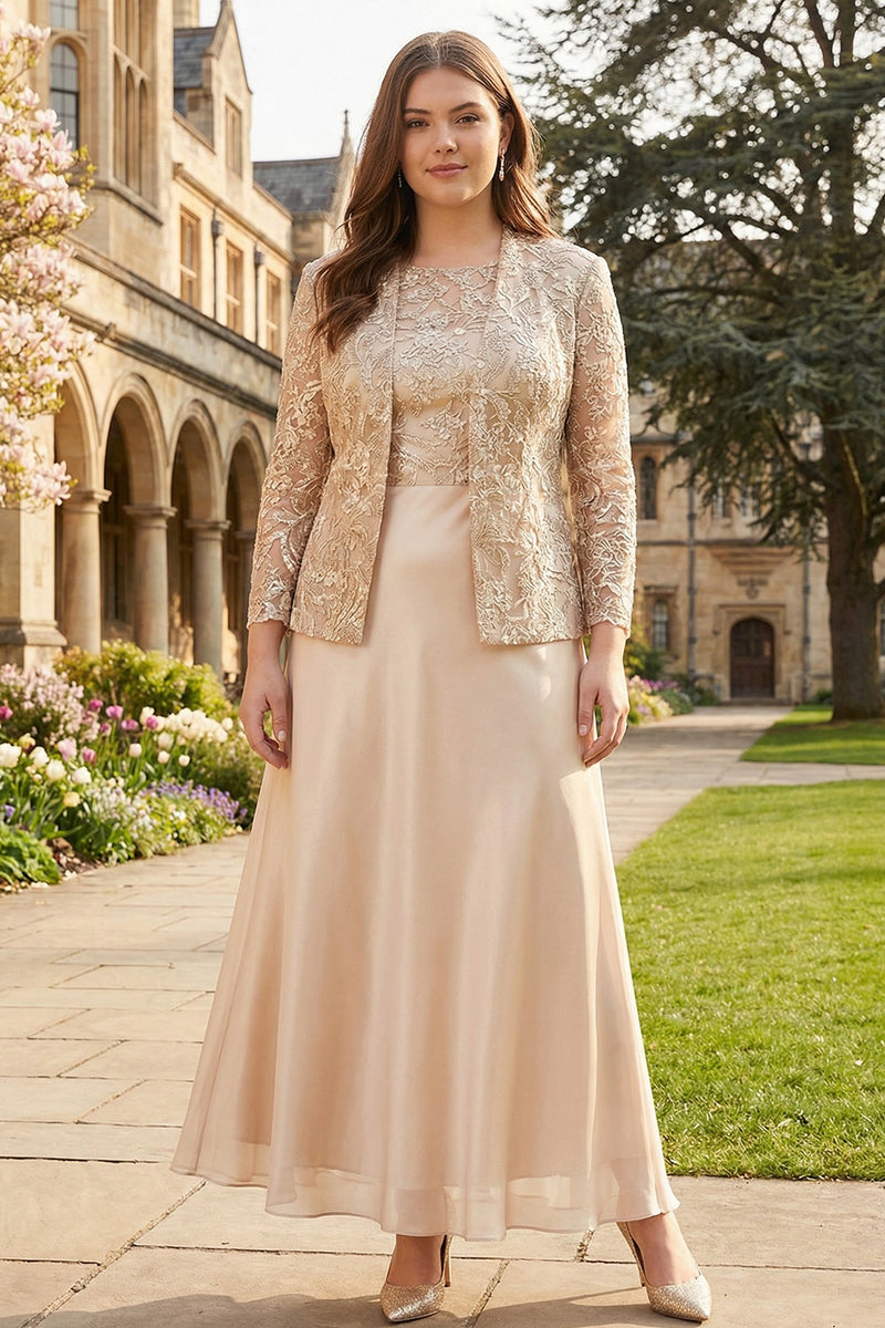 Floral Champagne Satin Mother of the Bride Dress with Sparkly Jacket