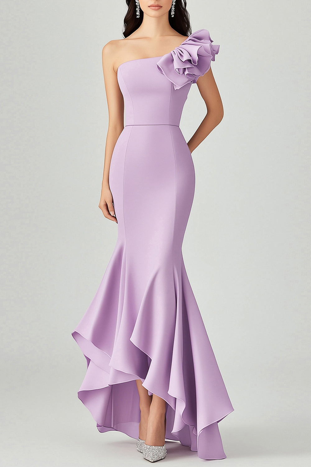 Lilac Satin Asymmetrical One Shoulder Long Formal Dress with Ruffles