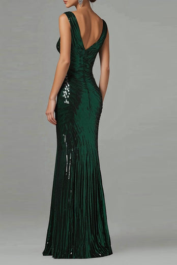 Dark Green V-Neck Sheath Sparkly Long Formal Dress