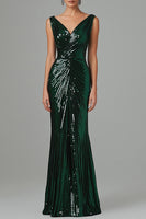 Load image into Gallery viewer, Dark Green V-Neck Sheath Sparkly Long Formal Dress