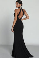 Load image into Gallery viewer, Black Satin Mermaid High Neck Keyhole Long Formal Dress with Slit