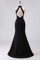 Load image into Gallery viewer, Black Satin Mermaid High Neck Keyhole Long Formal Dress with Slit