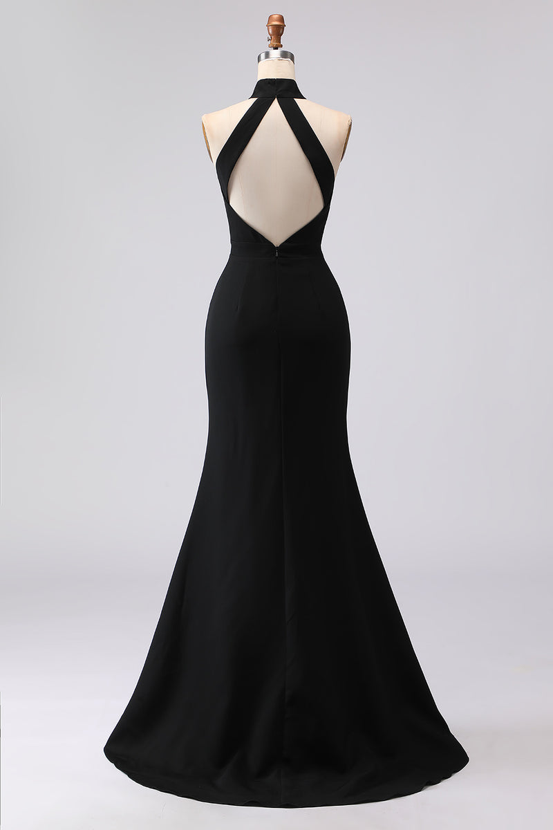 Load image into Gallery viewer, Black Satin Mermaid High Neck Keyhole Long Formal Dress with Slit