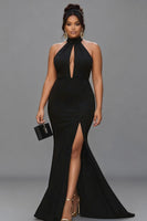 Load image into Gallery viewer, Black Satin Mermaid High Neck Keyhole Long Formal Dress with Slit