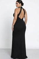 Load image into Gallery viewer, Black Satin Mermaid High Neck Keyhole Long Formal Dress with Slit