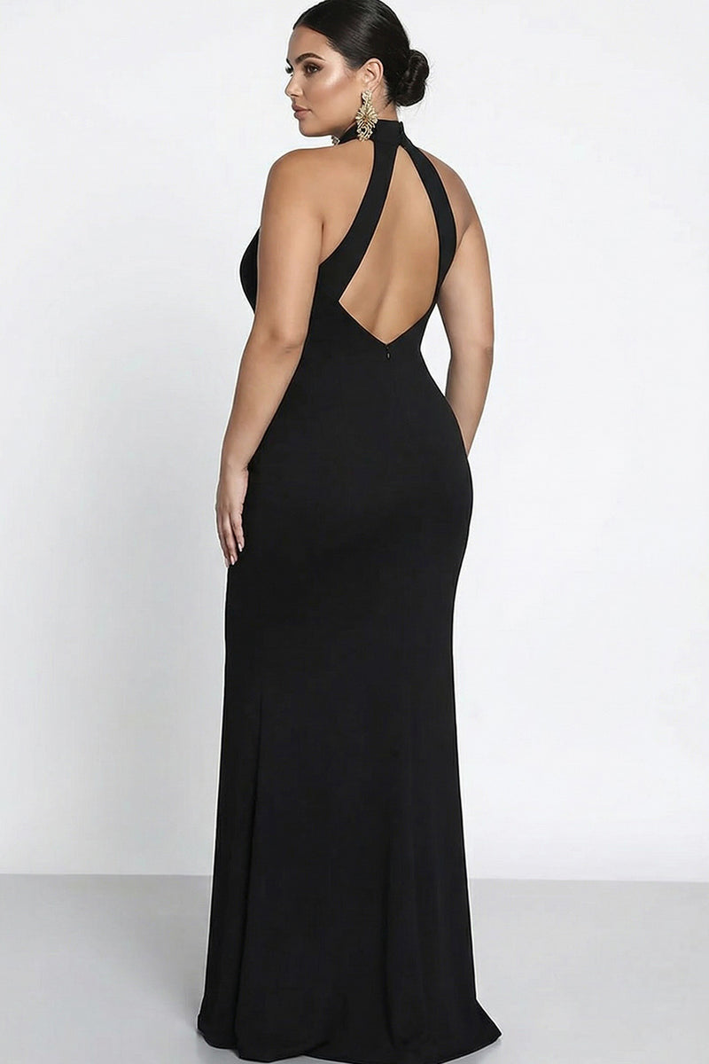 Load image into Gallery viewer, Black Satin Mermaid High Neck Keyhole Long Formal Dress with Slit
