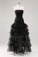 Load image into Gallery viewer, Elegant Black Strapless Tiered Long Organza Formal Dress with Slit