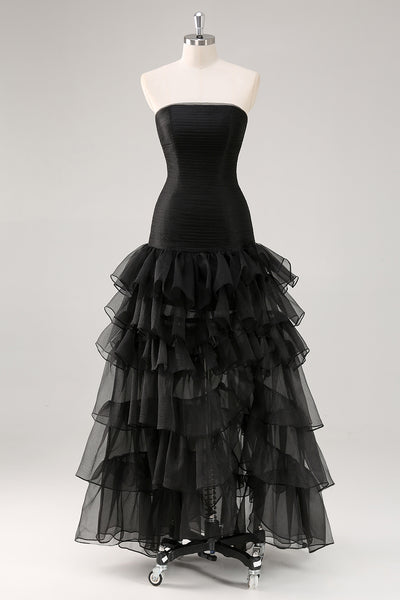 Elegant Black Strapless Tiered Long Organza Formal Dress with Slit