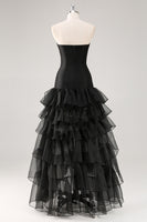 Load image into Gallery viewer, Elegant Black Strapless Tiered Long Organza Formal Dress with Slit