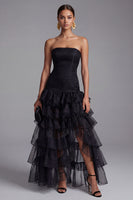 Load image into Gallery viewer, Elegant Black Strapless Tiered Long Organza Formal Dress with Slit