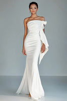 Load image into Gallery viewer, Queendancer Women White Satin Long Formal Dress with Slit Sheath Strapless Ruched Evening Dress