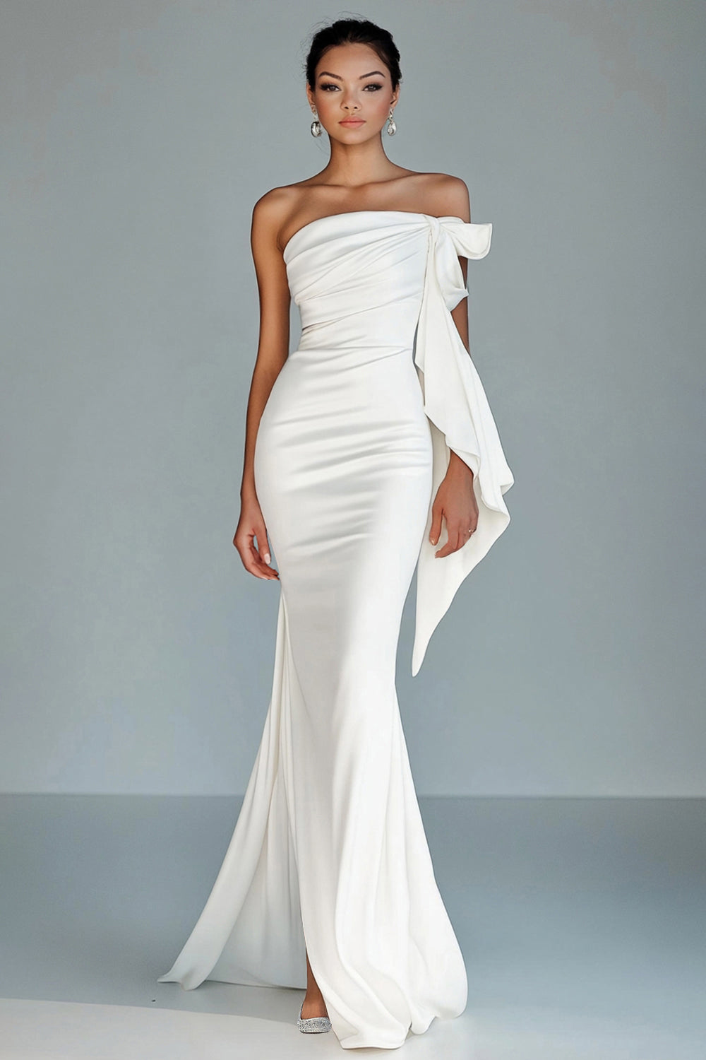 Queendancer Women White Satin Long Formal Dress with Slit Sheath