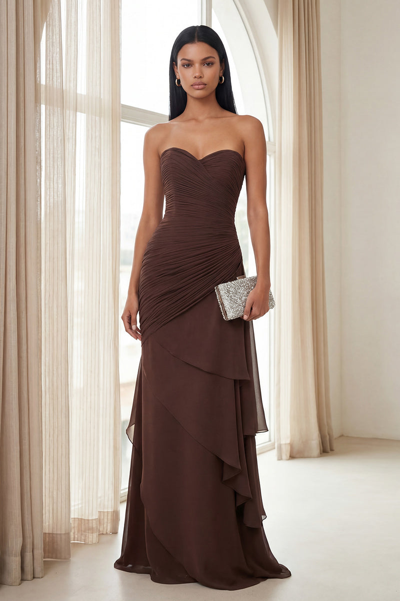 Load image into Gallery viewer, Strapless Dark Brown Sheath Tiered Long Chiffon Formal Dress