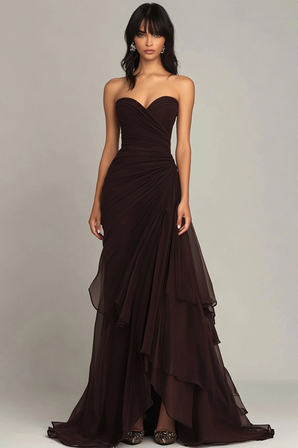 Queendancer Women Dark Brown Chiffon Black Tie Dress Formal Maxi Dress Sheath Sweetheart Tiered Strapless Ruched Long Evening Dress – queendancer