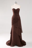 Load image into Gallery viewer, Strapless Dark Brown Sheath Tiered Long Chiffon Formal Dress