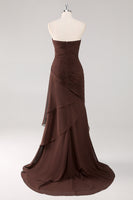 Load image into Gallery viewer, Strapless Dark Brown Sheath Tiered Long Chiffon Formal Dress