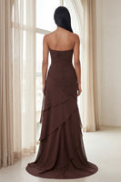 Load image into Gallery viewer, Strapless Dark Brown Sheath Tiered Long Chiffon Formal Dress