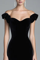 Load image into Gallery viewer, Black Off the Shoulder Asymmetrical Velvet Long Formal Dress