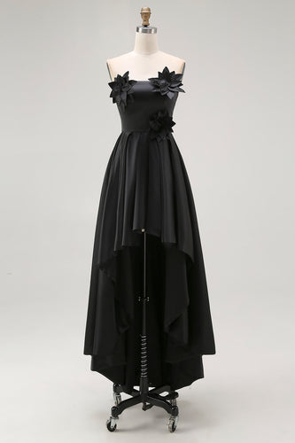 Black Satin A Line Asymmetrical Long Formal Dress with 3D Flowers