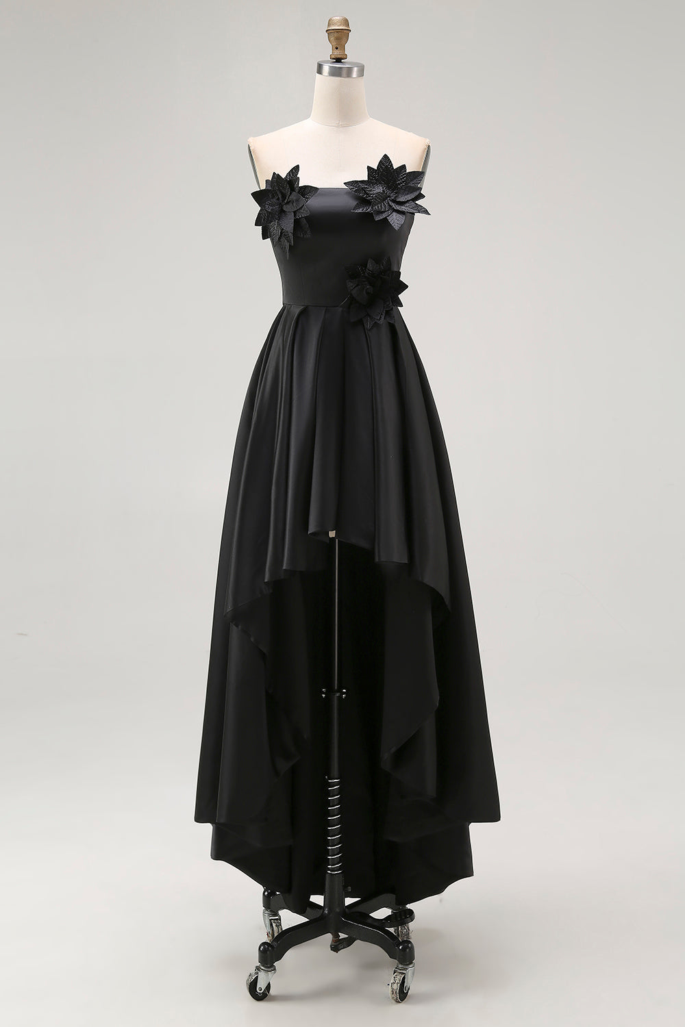 Black Satin A Line Asymmetrical Long Formal Dress with 3D Flowers