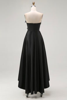 Black Satin A Line Asymmetrical Long Formal Dress with 3D Flowers