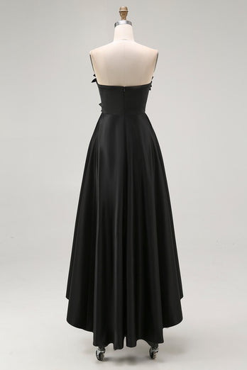 Black Satin A Line Asymmetrical Long Formal Dress with 3D Flowers