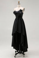 Load image into Gallery viewer, Black Satin A Line Asymmetrical Long Formal Dress with 3D Flowers