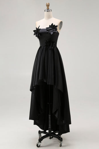Black Satin A Line Asymmetrical Long Formal Dress with 3D Flowers