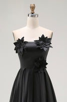 Load image into Gallery viewer, Black Satin A Line Asymmetrical Long Formal Dress with 3D Flowers