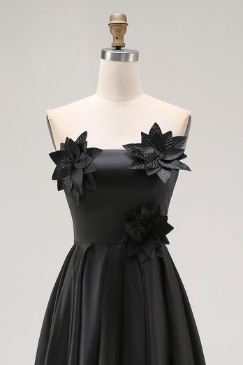 Black Satin A Line Asymmetrical Long Formal Dress with 3D Flowers