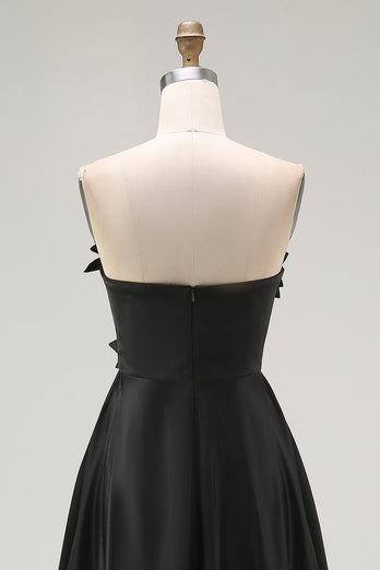 Black Satin A Line Asymmetrical Long Formal Dress with 3D Flowers
