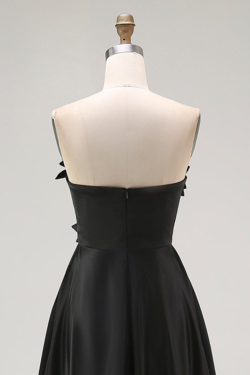 Load image into Gallery viewer, Black Satin A Line Asymmetrical Long Formal Dress with 3D Flowers