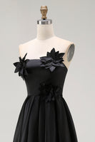 Load image into Gallery viewer, Black Satin A Line Asymmetrical Long Formal Dress with 3D Flowers