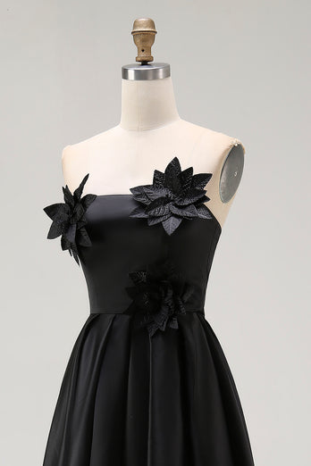 Black Satin A Line Asymmetrical Long Formal Dress with 3D Flowers